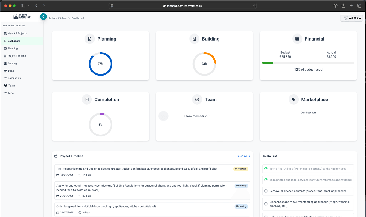 Bricks & Mortar project dashboard showing progress, budget and documents at a glance.